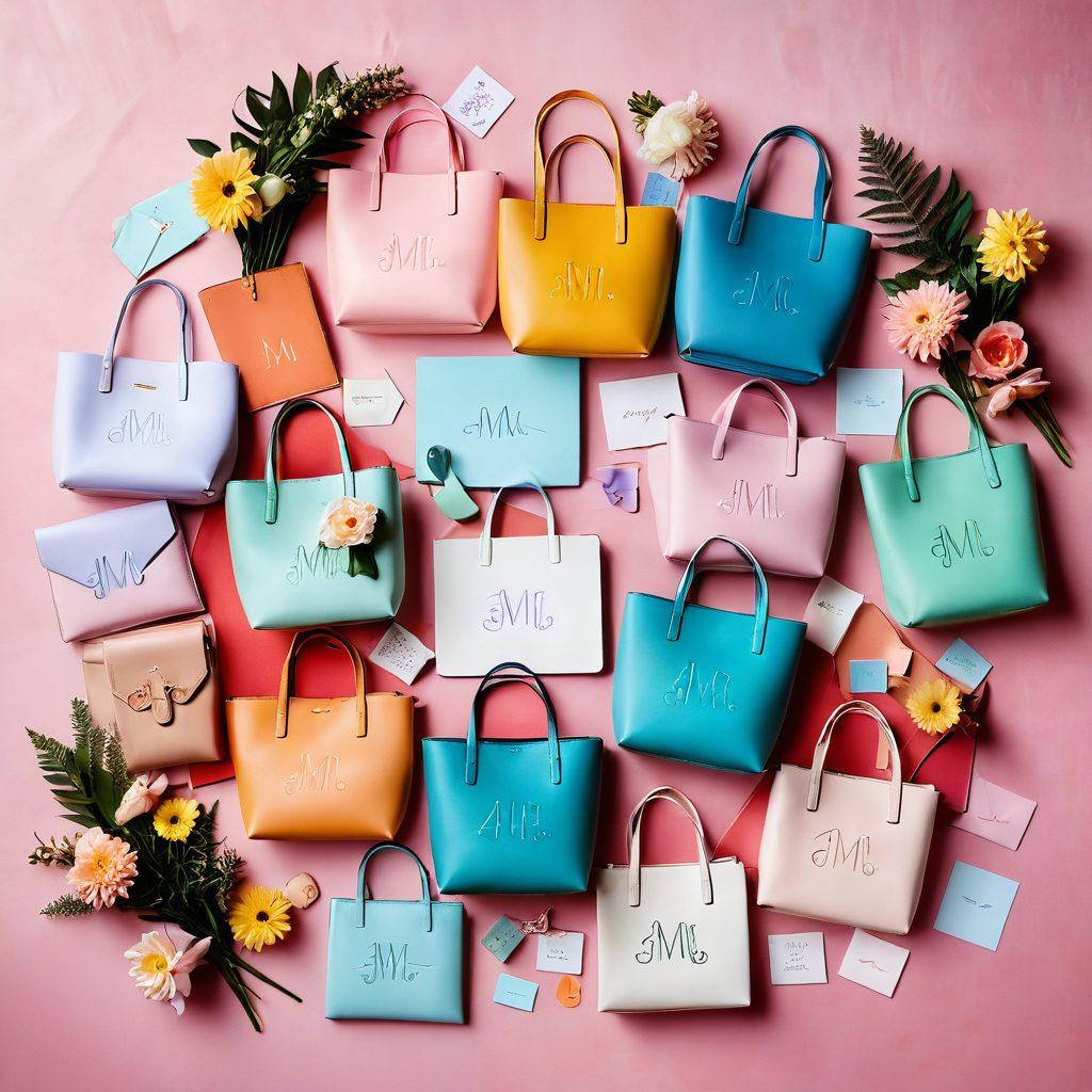 A beautifully arranged flat lay of various unique and personalized bags, showcasing styles like tote, crossbody, and clutches, surrounded by heartfelt gifts like handwritten notes and delicate flowers. The bags should feature custom monograms and vibrant colors to reflect love and individuality, with a soft pastel background that evokes warmth and affection. super-realistic. vibrant colors. soft pastel background.