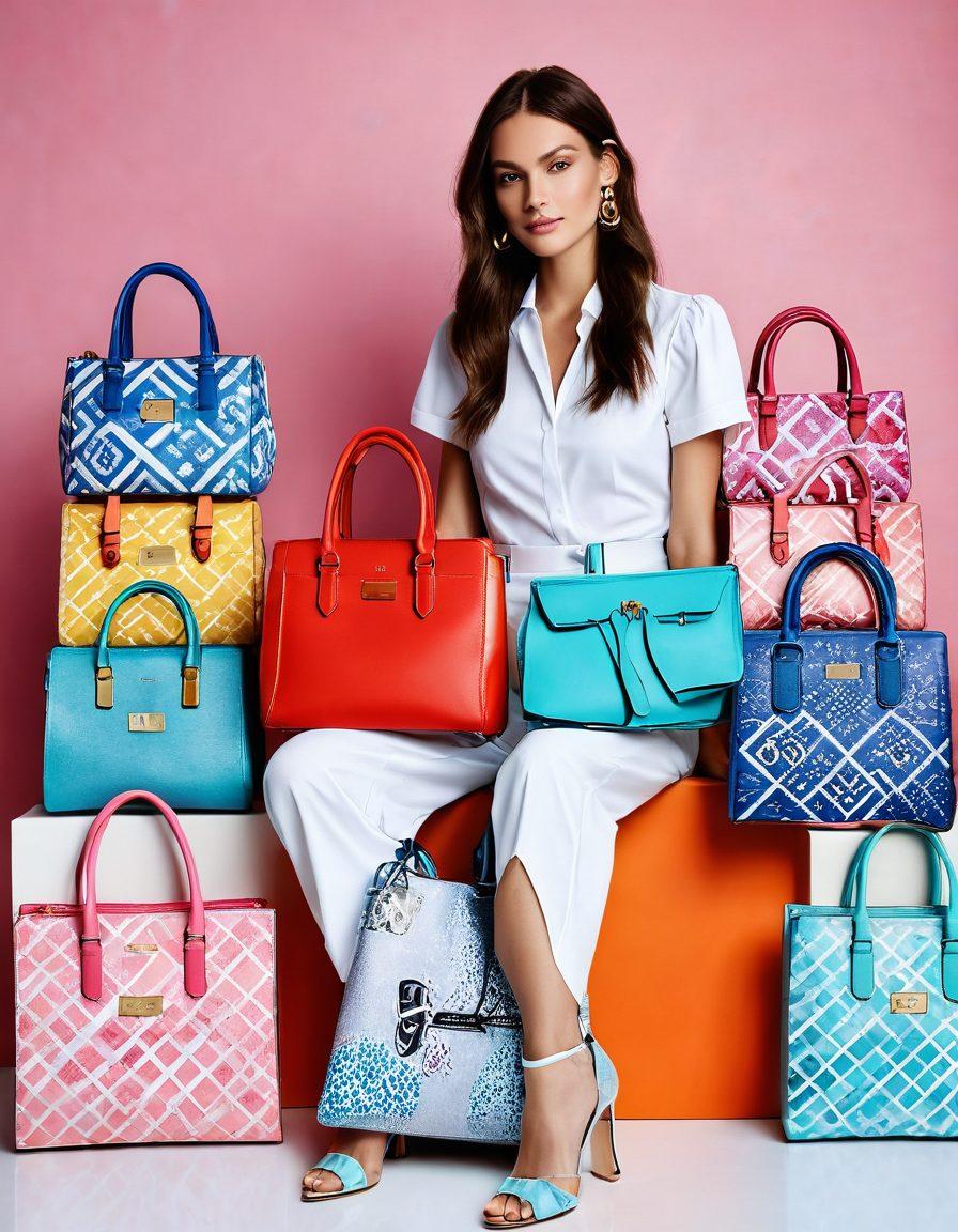 A stylish and chic collection of personalized bags displayed elegantly in a bright, airy setting. Each bag showcases unique patterns and colors, catering to various occasions like parties, work, and travel. Include a fashion-forward model interacting with the bags, exuding confidence and glamour. Soft, natural lighting enhances the vibe of sophistication and personalization. vivid colors. high fashion. bright background.