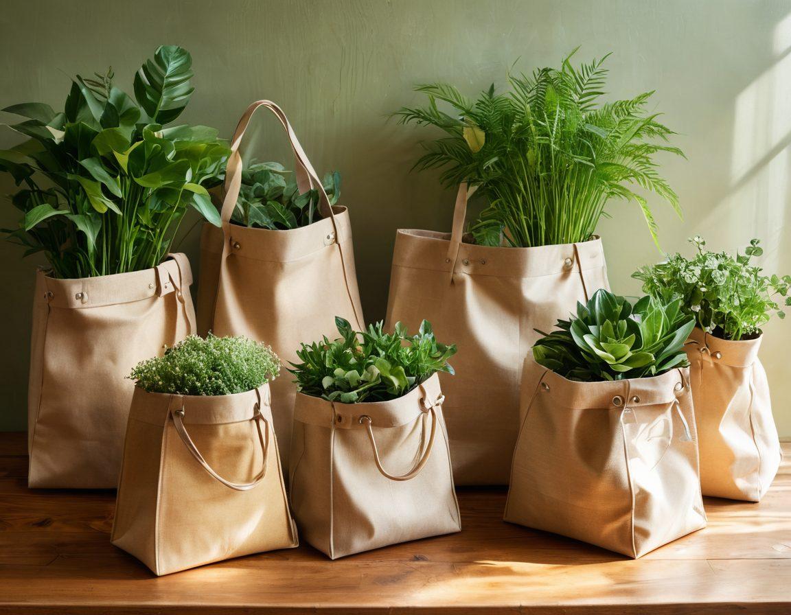 A stunning assortment of eco-friendly bags made from sustainable materials, arranged elegantly on a natural wood table. The background features lush greenery, symbolizing nature's beauty and protection. Incorporate a bright sunlight filter to enhance the freshness of the scene and highlight the bags' textures. Add subtle elements like small plants or flowers that signify eco-consciousness. super-realistic. vibrant colors. natural lighting.